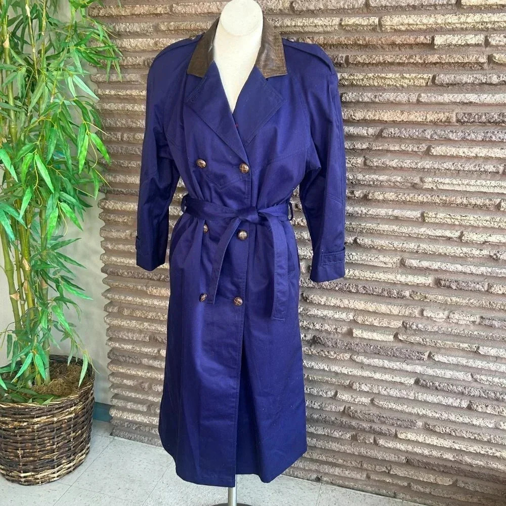 SB II Vintage Purple Double Breasted Trench Coat Leather Collar Liner - Picture 10 of 10